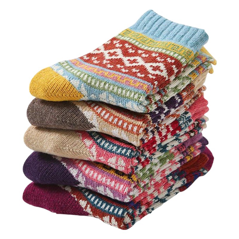 Amazon Foreign Trade Winter Thick Socks Women's Warm Cruckle Wool Socks Retro Ethnic Style Artistic Women's Socks