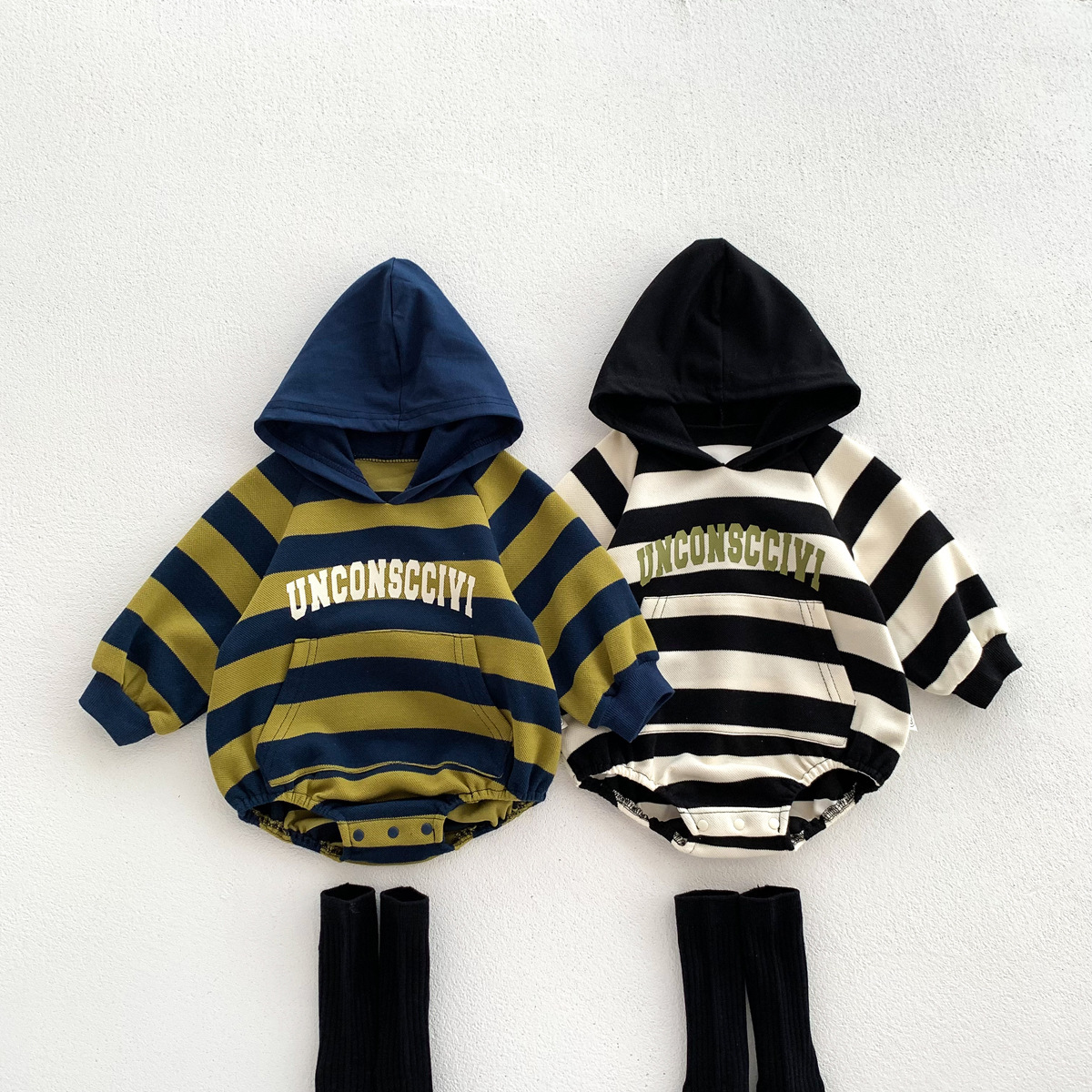 Picture of Ins K-Style Baby Spring & Fall Hooded Stripesd Bag Fart Clothes Newborn Male and Female Baby Fashionable Sweatshirt One-Piece Rompers