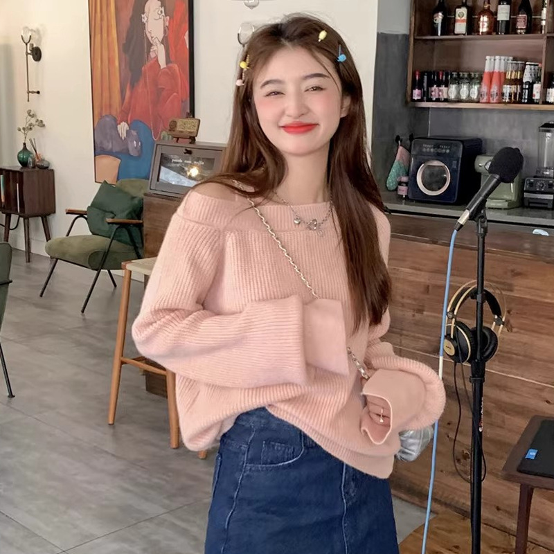 Autumn and Winter 2023 new gentle style soft glutinous sweater women's careful machine off-the-shoulder warm bottoming shirt solid color knitted top