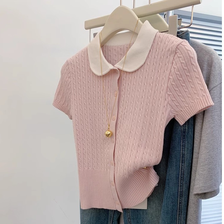 Pink Slim-fit Short-sleeved Shoulder T-shirt Women's Elegant Short Slim-fit Top Polo Doll Collar Sweater