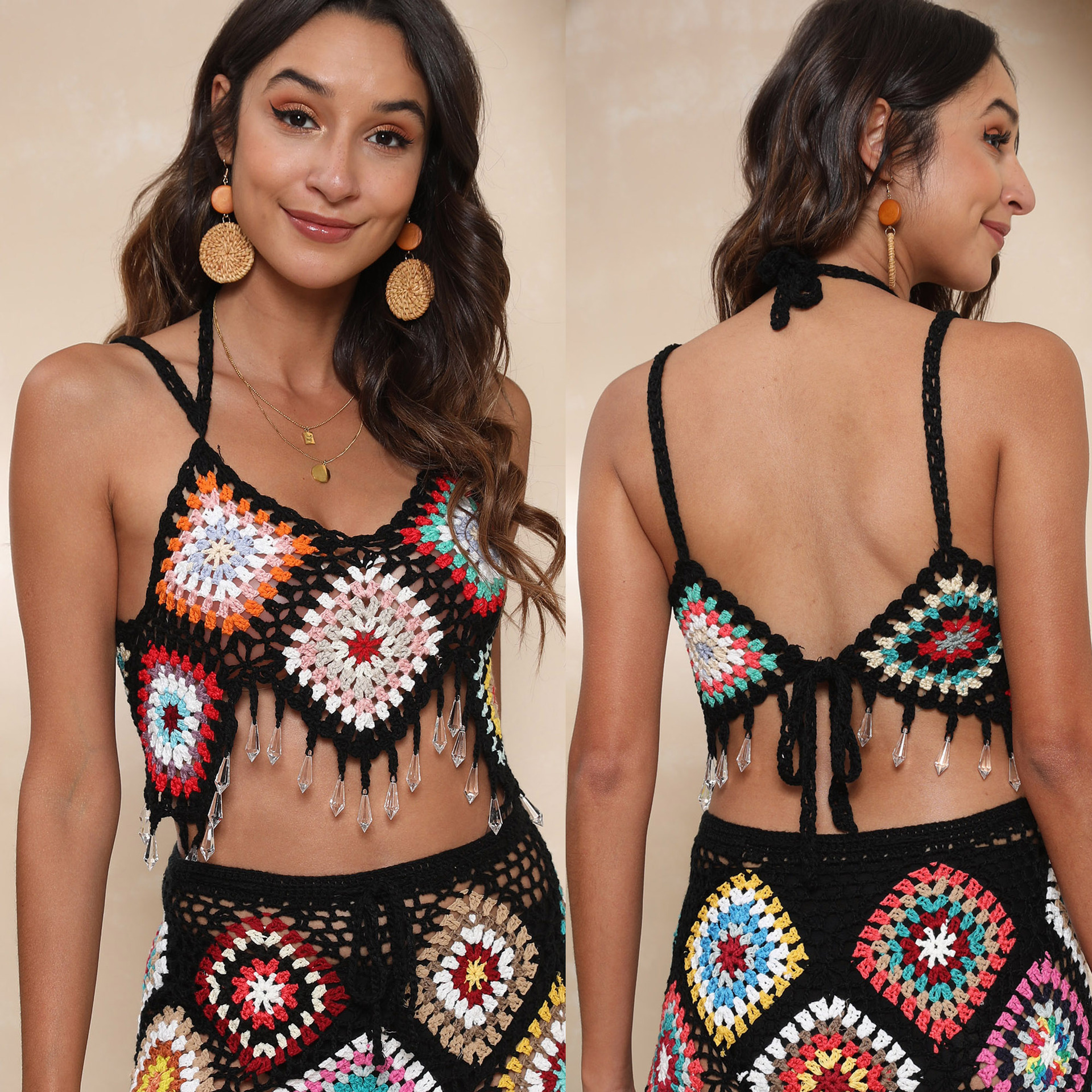 Cross-border European and American women's blouse ethnic style random mixed color stitching pure hand hook strap bikini top Z716
