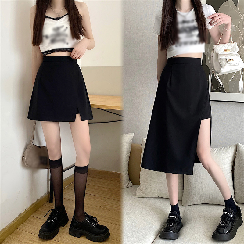 Black Split Skirt Women's Spring and Summer 2024 New A- line Short Skirt High Waist Slimming Dipped Mid-length Hip Skirt