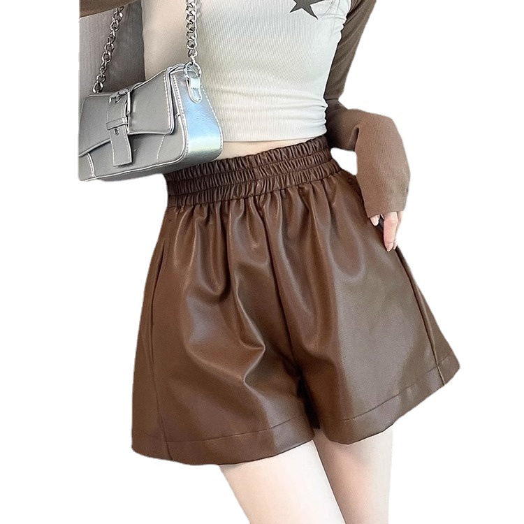 Picture of Black PU leather pants shorts women's winter New High waist A- line slimming wide leg pants small casual outerwear boot pants