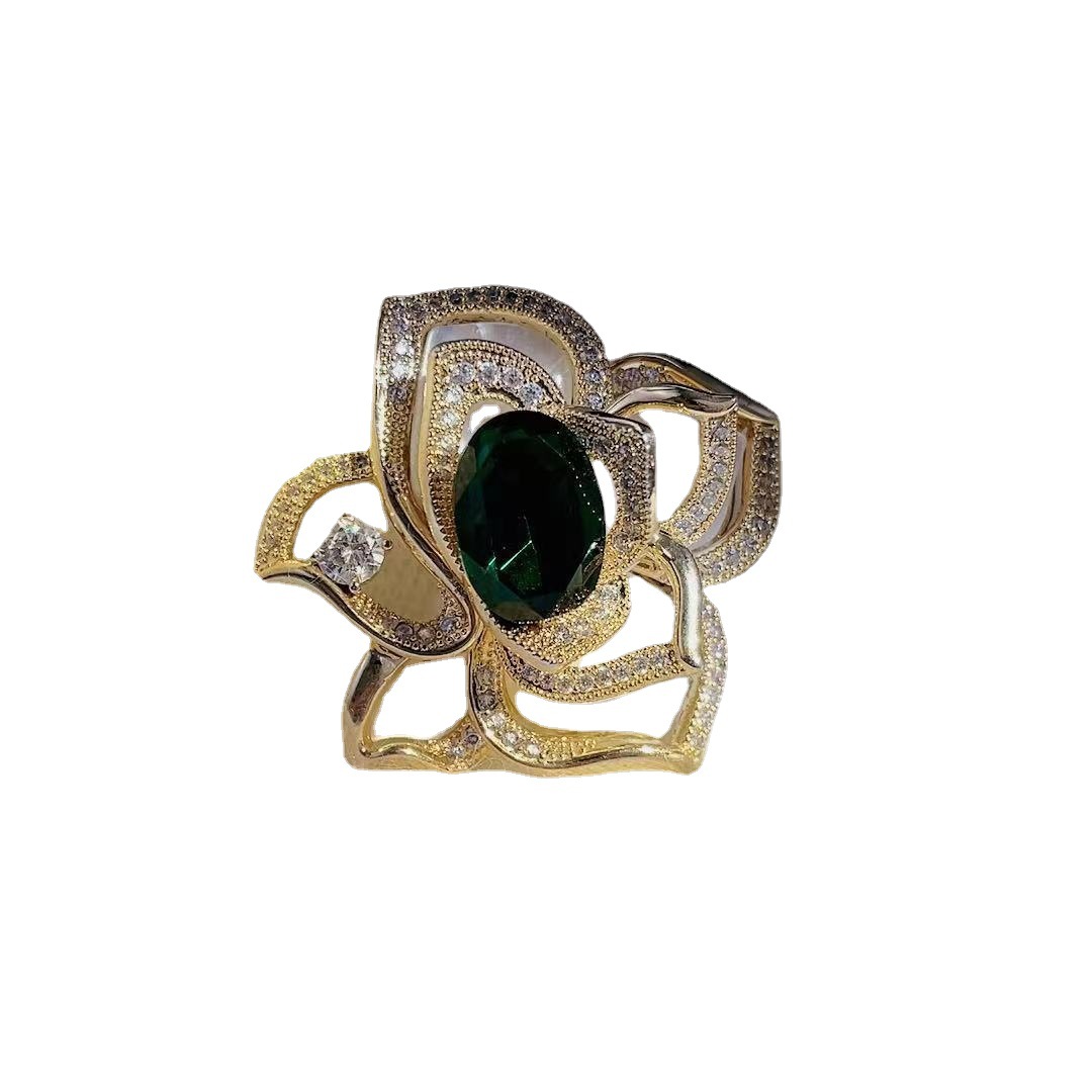 Picture of Korean style fashionable Rose Zircon shell camellia brooch grandmother green crystal flower clothing pin for women