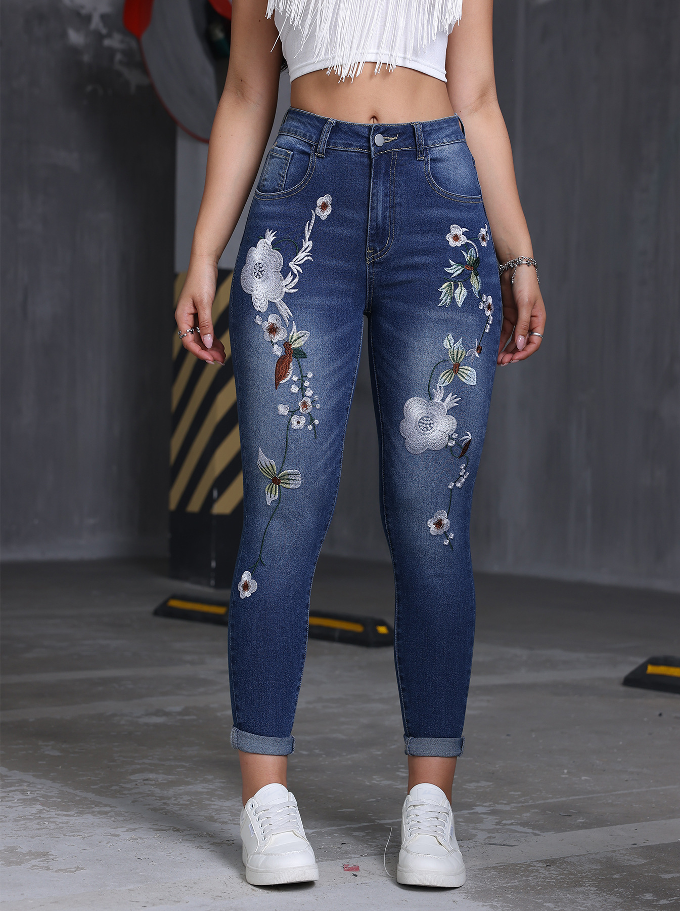 Cross-Border European and American Flowerpot Embroidered Skinny Jeans Slim Fit Elegant Women's Stretch Denim Cropped Pants