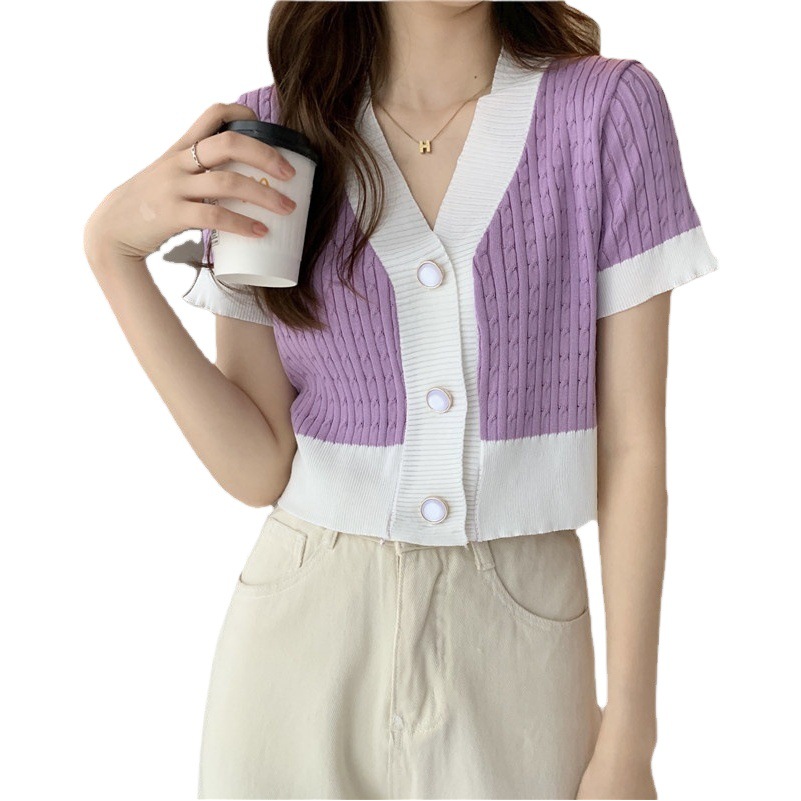 Retro V-Neck Short-Sleeved Knitwear for Women 2025 New Summer Korean Style Design Loose and Elegant Short Top Trendy