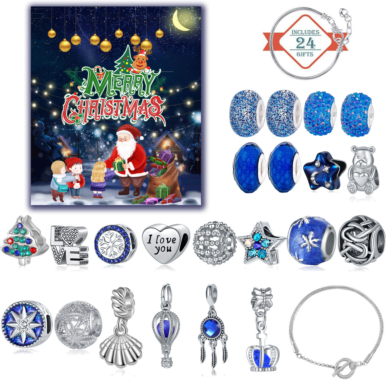 Picture of Maida Blue Christmas Countdown Calendar Gift Box suit DIY Beaded Bracelet Dream Star Bracelet Gift