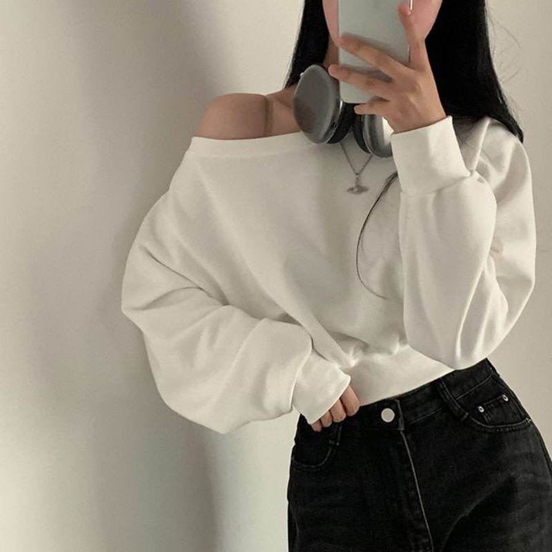 Picture of Thin Pure Color Bottoming Shirt, Elegant One-Line Collar, Off-Shoulder Loose Casual Top, Feminine Short Long-Sleeved Sweatshirt for Women