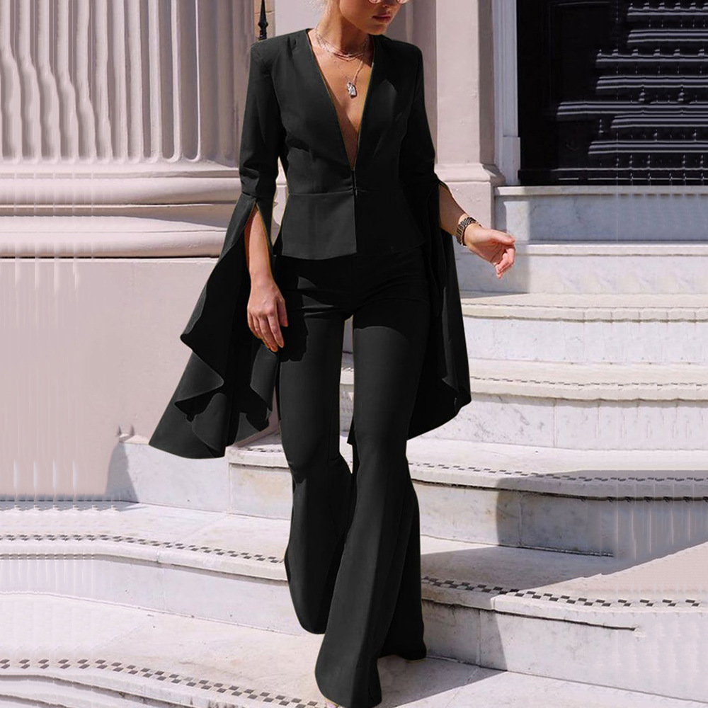 Spring 2025 New Arrival Goddess Style Elegant Fashionable Suit Jacket Top High Waist Big Swing Flare Pants Two-Piece Set for Women