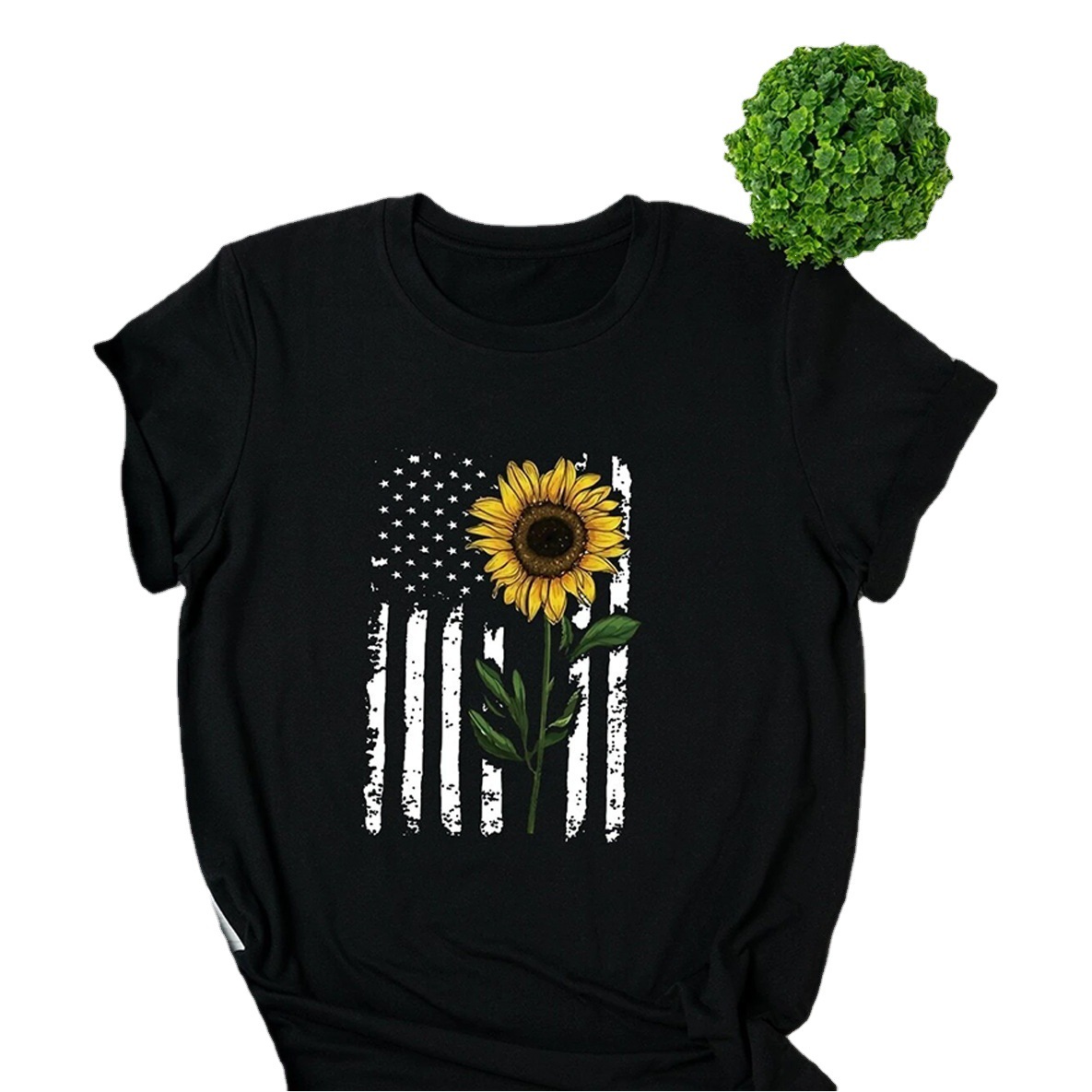 Amazon Foreign Trade American Independence Day T-Shirt Sunflower American Flag Printed Women's Short Sleeve T-Shirt Top