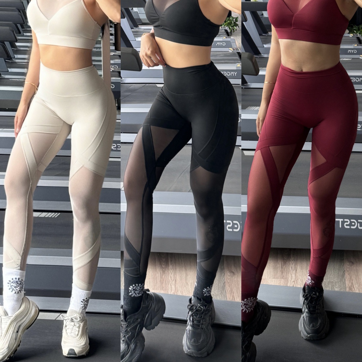 Cross-border Sexy Mesh Yoga Pants Hip High Waist Tight Slim Thin Breathable Outer Wear Fitness Sports Pants for Women