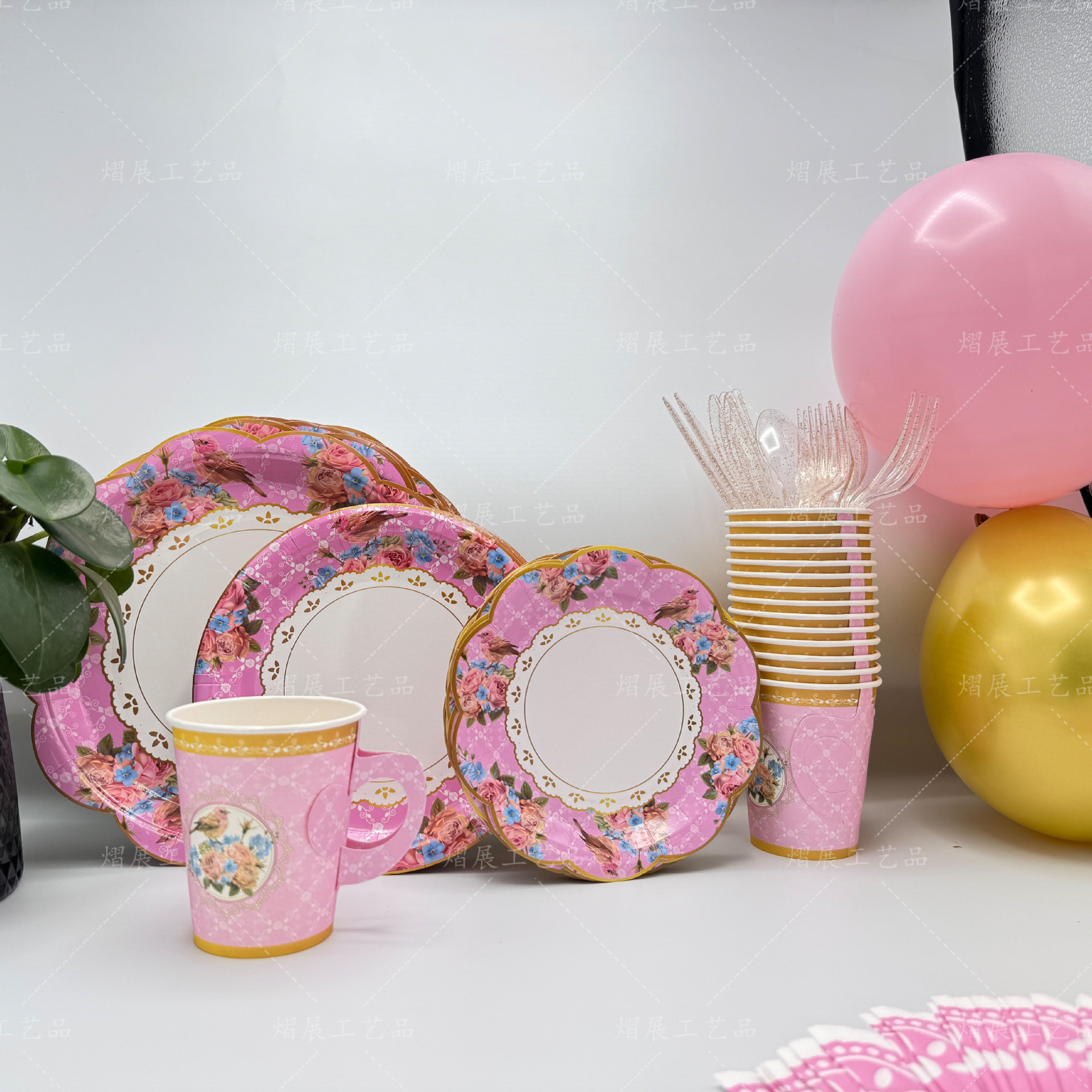 in stock Tea Party Baby Bath Decorations Disposable Petal Paper Disc with Handle Paper Cup Shaped Paper Towel suit