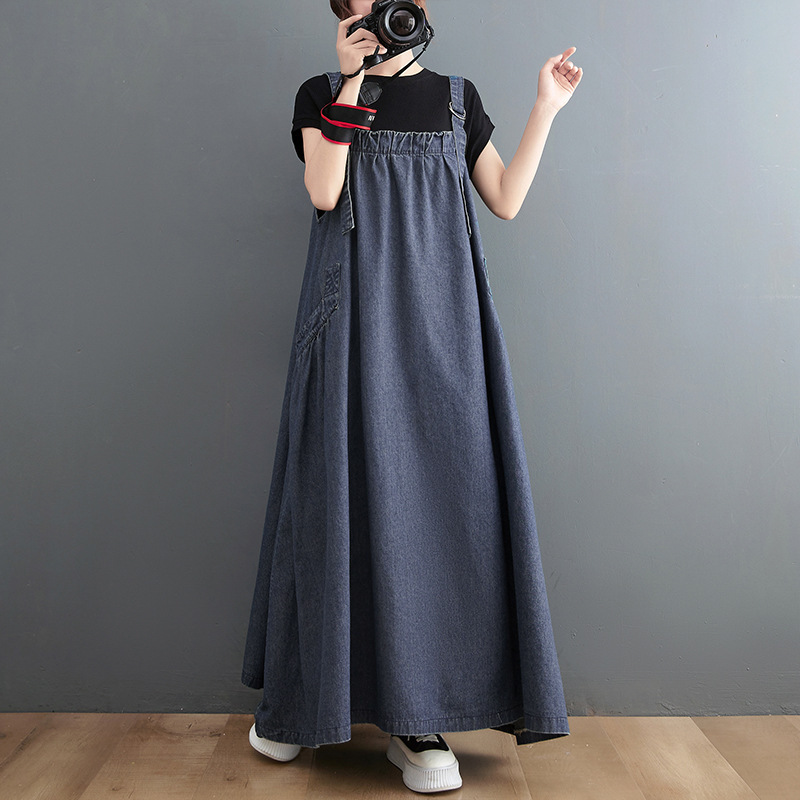 Picture of Plus Size Women's Clothing 2025 Spring and Summer New Suspender Long Skirt Loose Slimming Look Denim Suspender Skirt Large Hem Dress