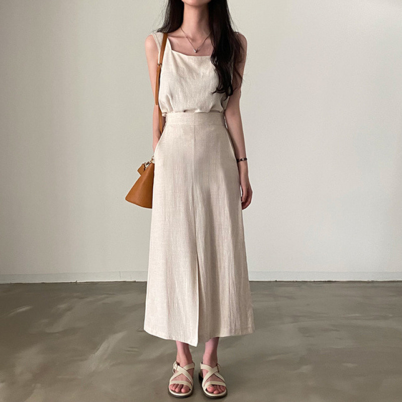Picture of Korean Chic Summer Simple and Versatile Square Neck Sleeveless Cotton and Linen Vest Vest + High Waist Slit Skirt Suit
