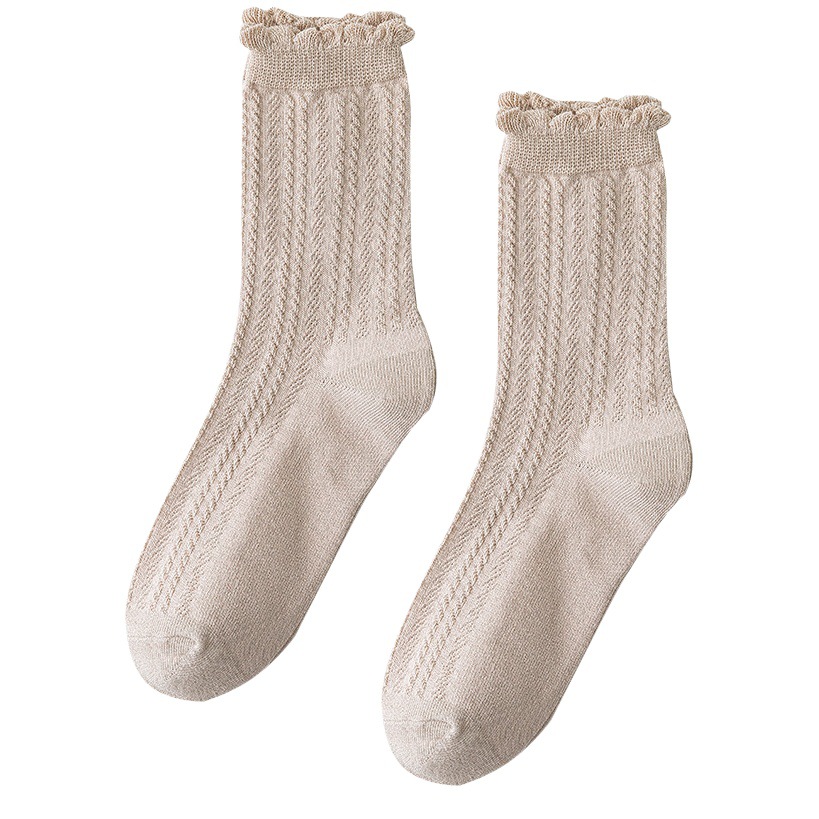 Socks Women's Spring and Autumn Korean Fungus Lace Solid Color Stacked Socks Loose Breathable Pregnant Women's Cotton Long Tube Moon Socks
