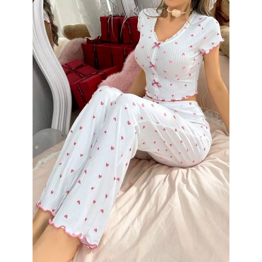 European and American Cross-border Hot-selling Home Clothes Printed Love V-neck Short-sleeved Pajamas Women's Outer Wearing Pants Two-piece suit