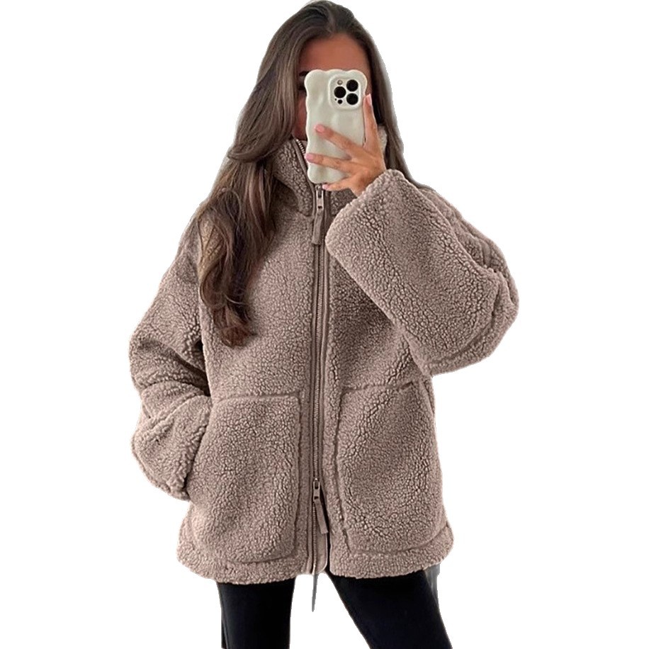 Picture of Large-Pocket Solid-Color Plush Coat Women's European and American Large-Pocket High-Neck Plush Coat