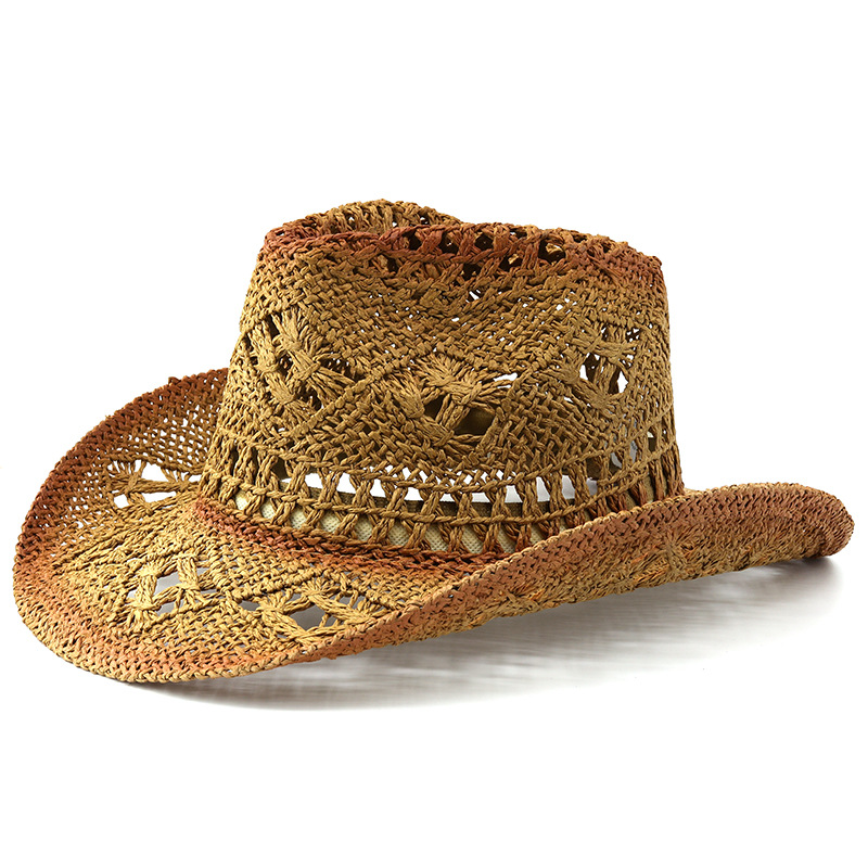Picture of European and American Retro Western Cowboy Hat Sunscreen Hollow-out Jazz Hat Cross-border Malan Flower Windproof Rope Denim Straw Hat