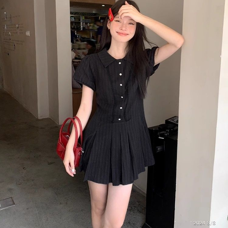 Picture of (With Lining) College Style Shirt dress Women's Summer Waist Small Designing Lapel Bubble Sleeve Short