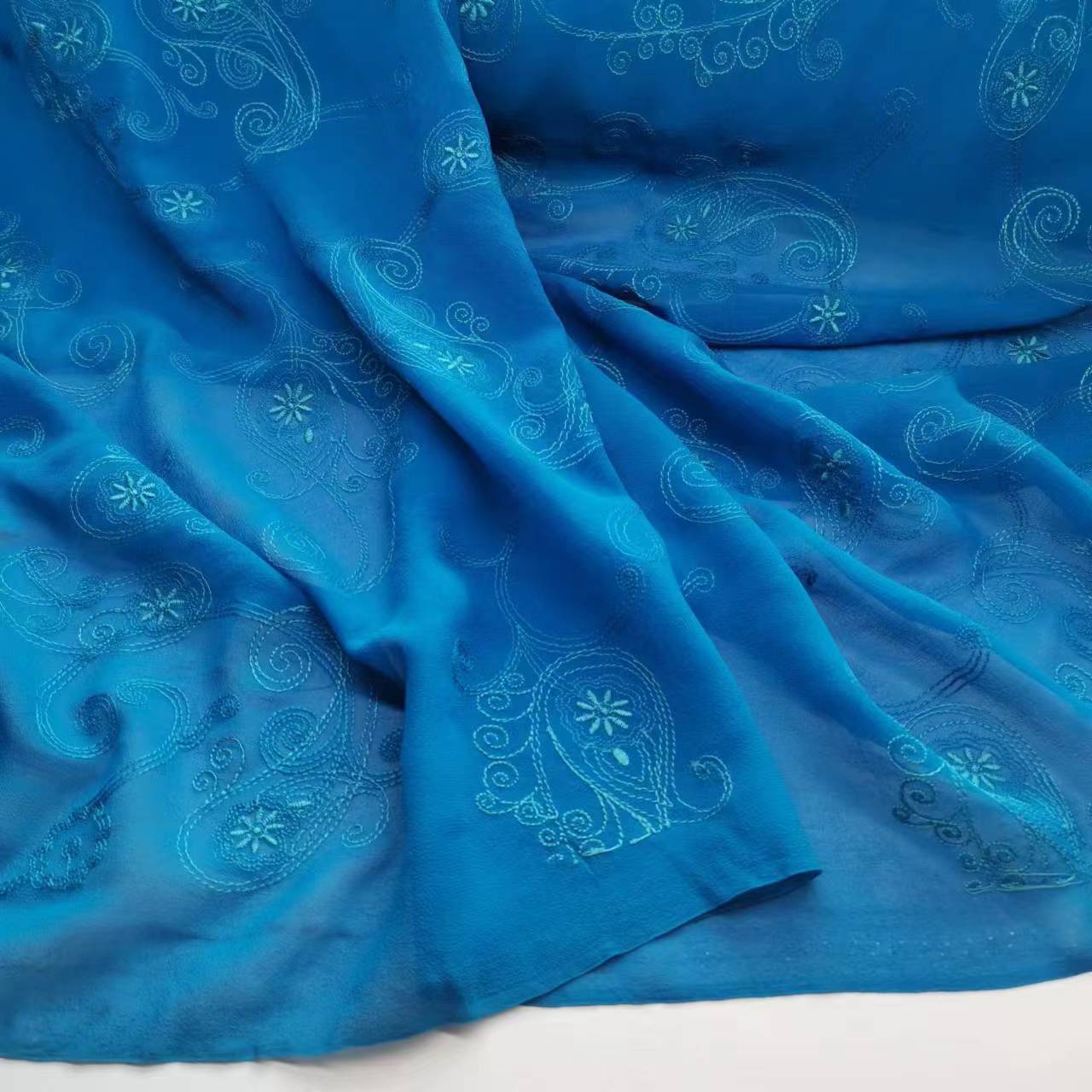 Picture of Special Offer Indigo 10mm Cashew Flower Embroider Mulberry Silk Georgette Fabric Narrow Fashion Skirt Silk Fabric