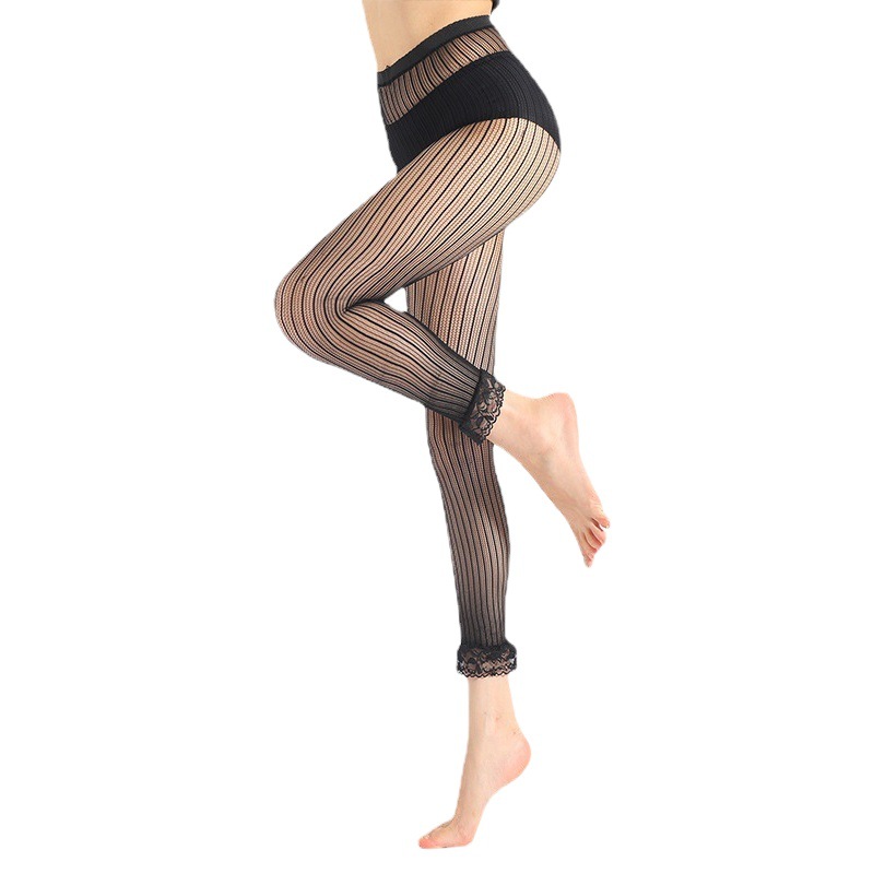 Cross-border new ultra-thin black small mesh hole thin mesh lace decoration vertical thin stretch pants women's stockings