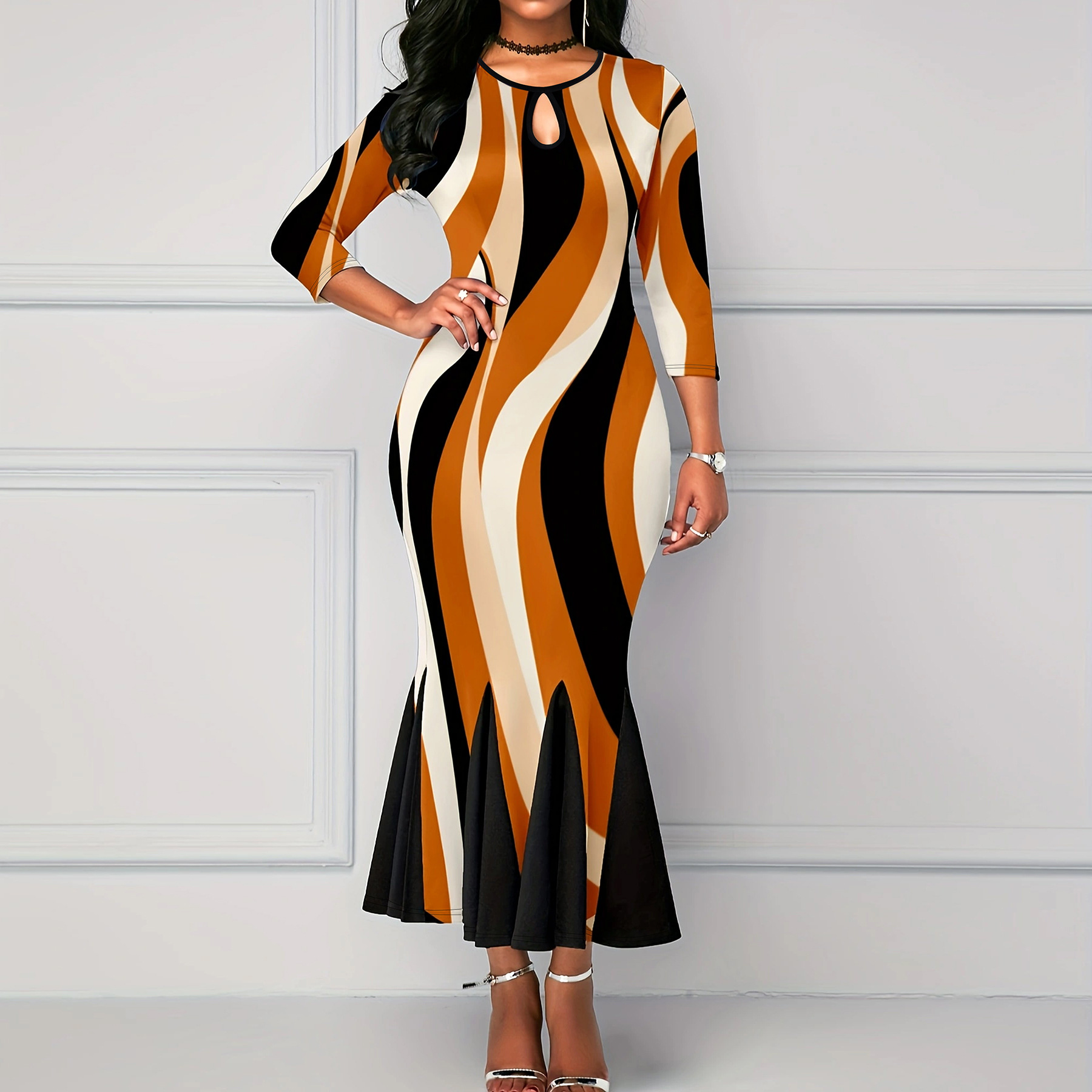 European and American Cross-border Amazon Spring and Autumn Elegant Hollow-out plus size dress Slim-fit Printed Fishtail Dress