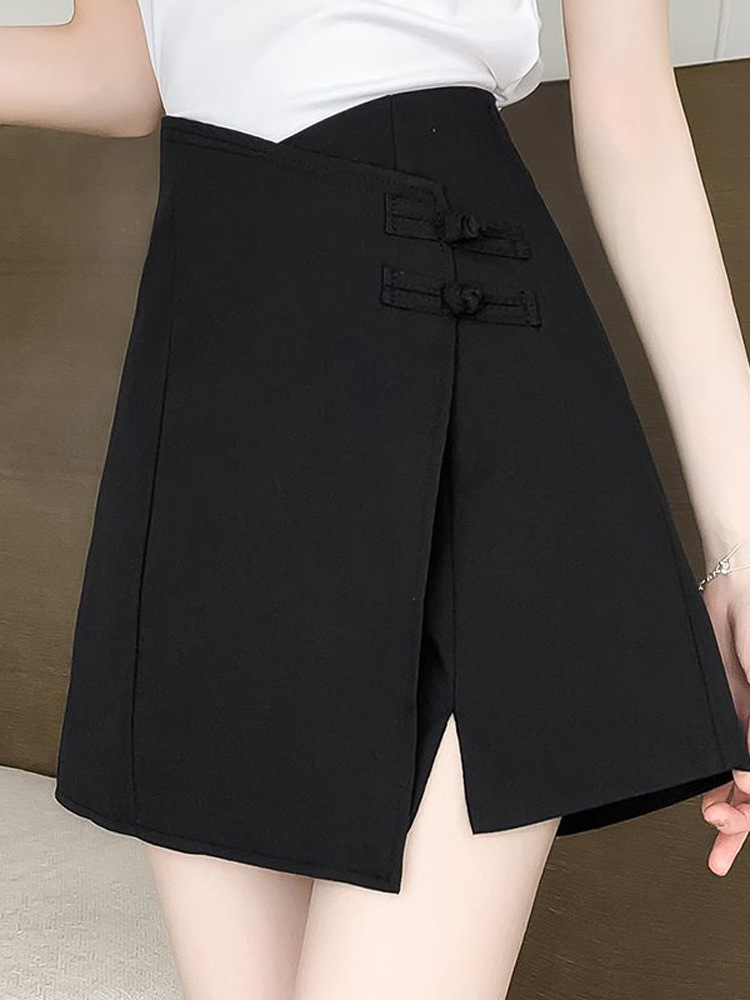 New Chinese Style Light Guofeng Black Suit Skirt Women's 2024 Summer New High Waist Irregular A- Line Short Culottes