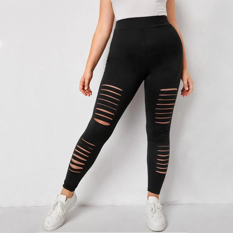 Europe and the United States large size hole hollow leggings Spring and Autumn Milk silk stretch solid color casual tight pants factory outlet