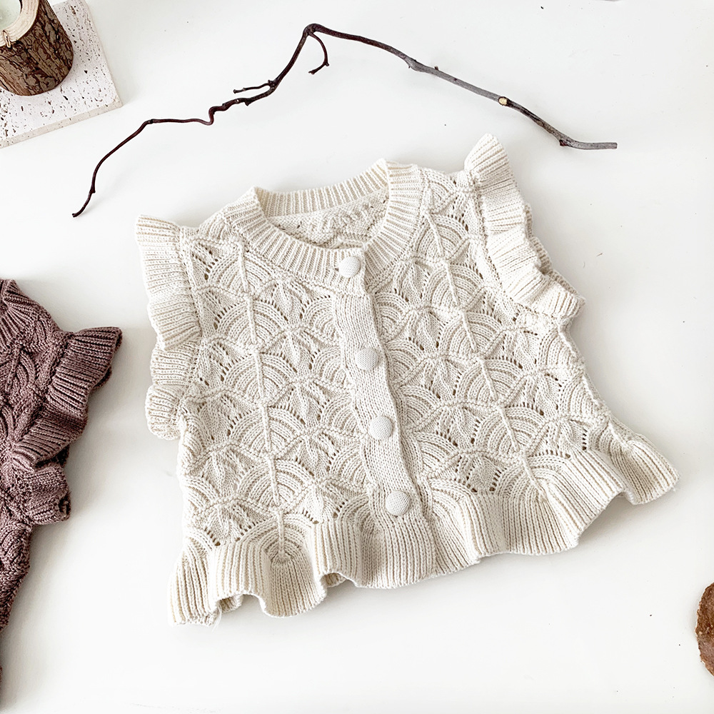 Picture of Cutemily Spring & Fall Cotton Baby Girl Cut Out Woolen Cardigan Vest Girl Baby Lotus Leaf Retro Short Vest