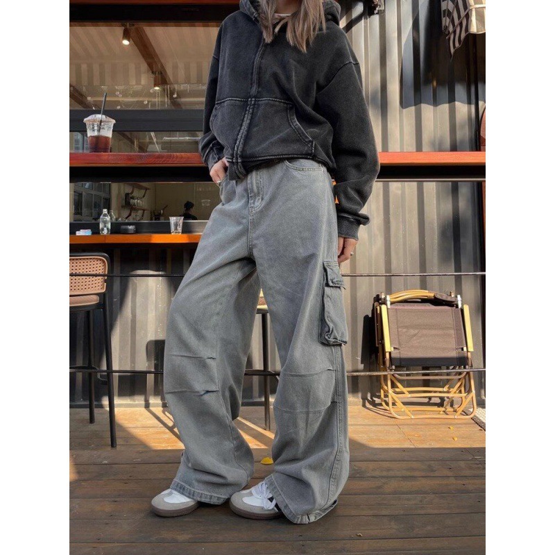 plus size American Style Retro Washed Tooling Jeans Women's Street Multi-Pocket Straight Loose Old Wide Leg Trendy Pants