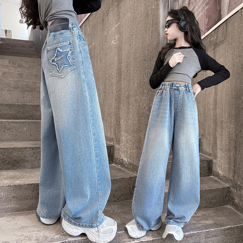 Girls Spring Pocket Five-pointed Star Jeans 2025 New Children's Western Style Casual Sports Wide-leg Pants Long Pants