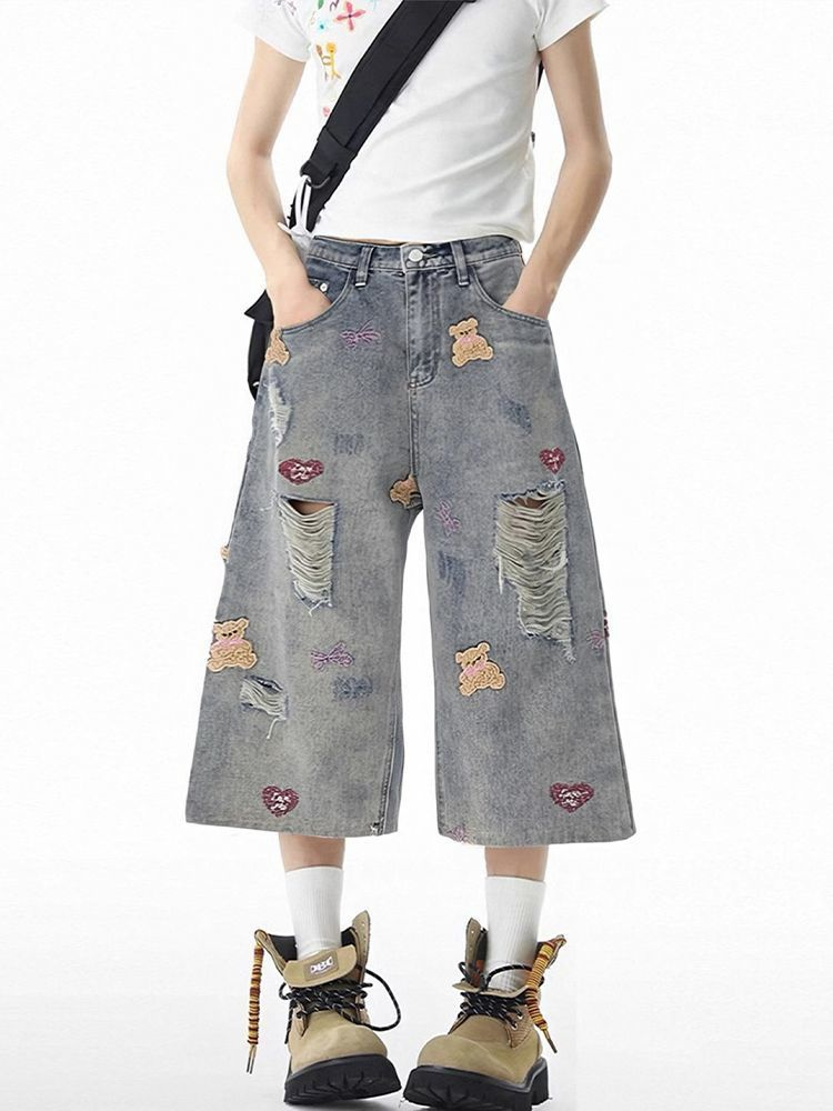 Bear embroidery washed jeans women's summer new hole fat mm American plus size design high street wide-leg pants