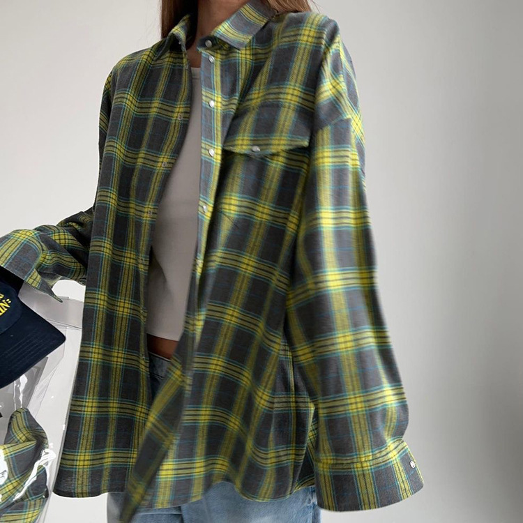 Amazon Cross-border Retro Style All-match Lapel Loose Shirt 2025 Spring and Autumn Plaid Long Sleeve Pocket Women's Shirt