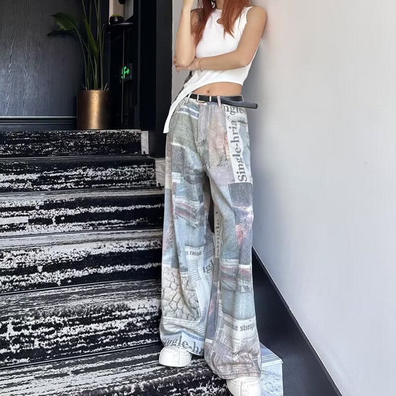 American Casual Graffiti Newspaper Jeans Women's Summer High Waist Slimming Wide Leg Dosing Straight Trendy Trendy Trousers