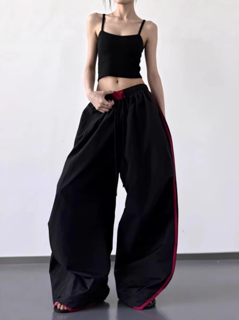 American Retro Cargo Pants for Women, Loose Hip-Hop Street Dance Quick-Dry Sports Parachute Pants with Color-Blocked Stripes, Casual Wide-Leg Pants