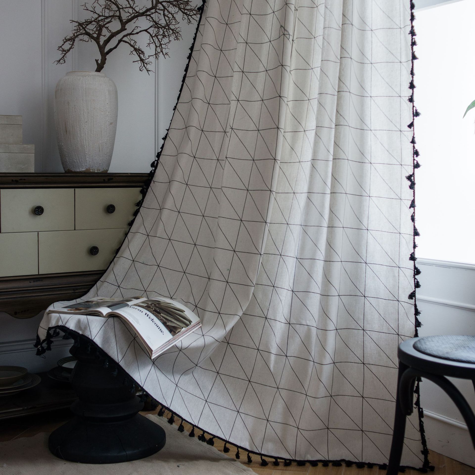 Yiman Qiyun Curtain Finished White Geometric Printed American Style Small Window Kitchen Curtain Cotton and Linen Semi-Shaded Bay Window