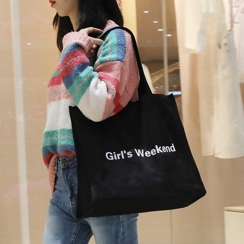 Transparent mesh tote bag custom logo fashion brand clothing store gift bag large capacity travel shopping bag yoga bag