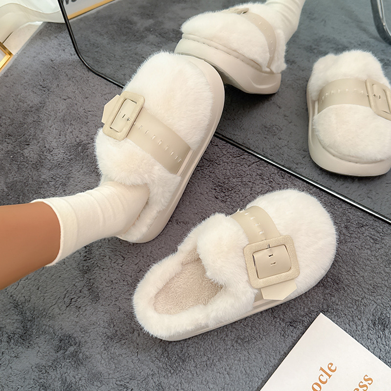 Cross-border furry slippers for women, winter closed-toe outerwear, thick sole plush new indoor comfortable warm slippers wholesale for women