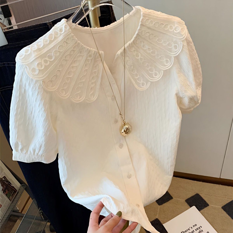 Oversize 300 Jin chubby girl French Lace Short Sleeve Shirt Women's Summer Thin Loose Age-reducing Doll Collar Top