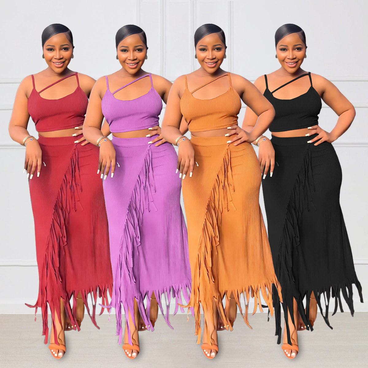 Cross-Border European and American Amazon Sleeveless Navel-Baring Short Vest with Small Pit Strips and High-Waisted Tassel Long Skirt Two-Piece Set with Fashionable Temperament