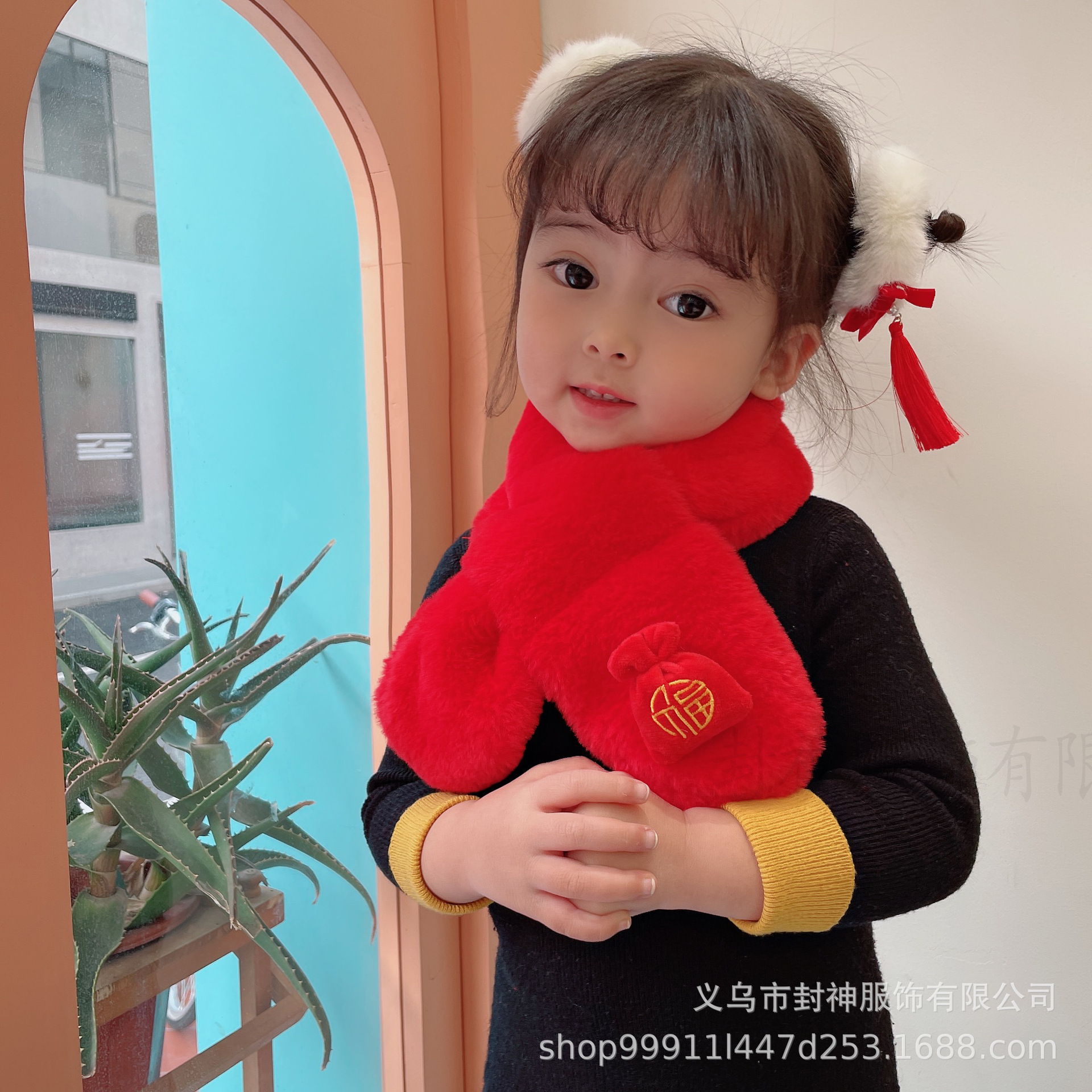 0-10 years old New Year children's scarf red red plush imitation rabbit hair imitation rabbit hair autumn and winter festive bag