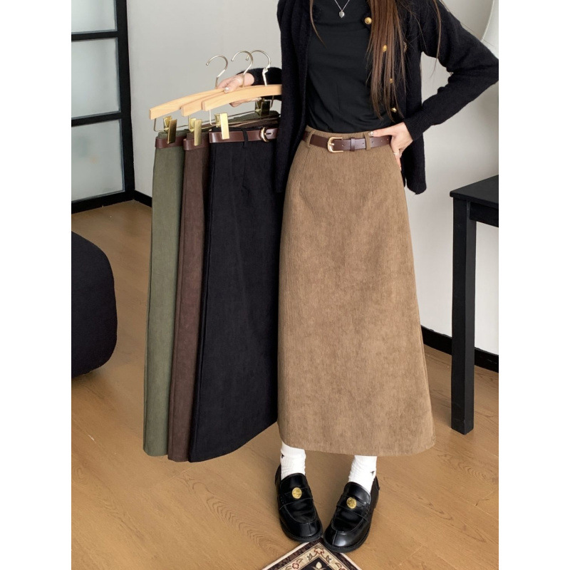 High Waist Slim Retro Corduroy Skirt Women's Autumn and Winter Design Sense Shaded Straight A- Shaped Mid-Length Hip Skirt