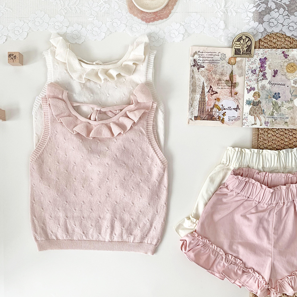 Cutemily Children's Clothing Summer Baby Knitted Vest Girls Cut Out Cotton Back V Neck Design Thin Vest