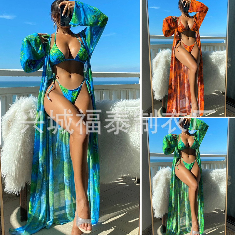 New European and American cross-border cardigan skirt long veil split bikini three-piece set foreign trade fashion printing suit