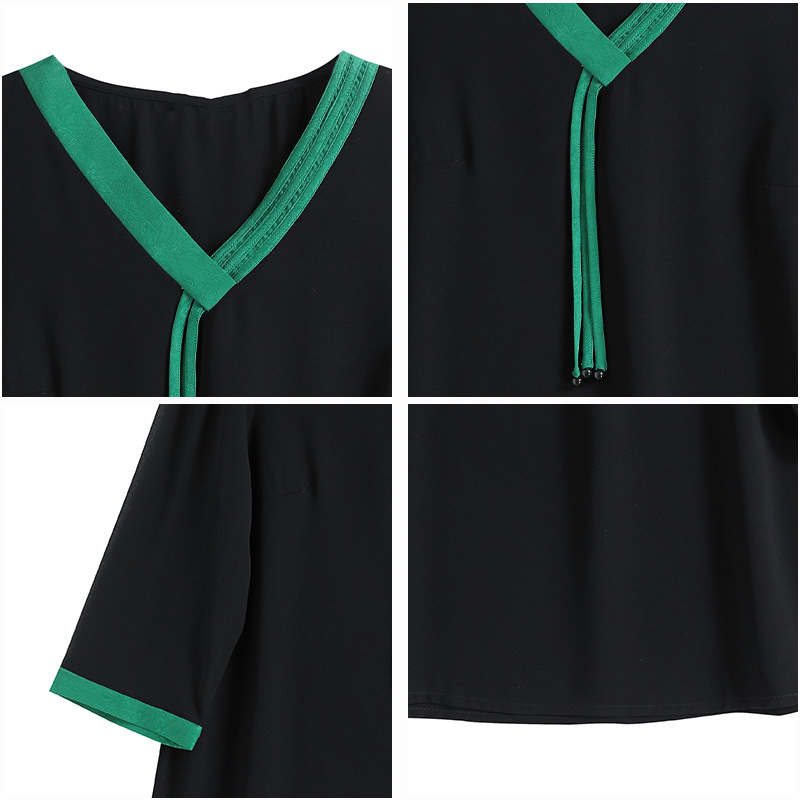 Picture of 2025 New Fat Plus Size Loose Chiffon T-shirt Shirt Women's Flesh Covering Slim Fashionable V-neck Contrast Color Short Sleeve Top