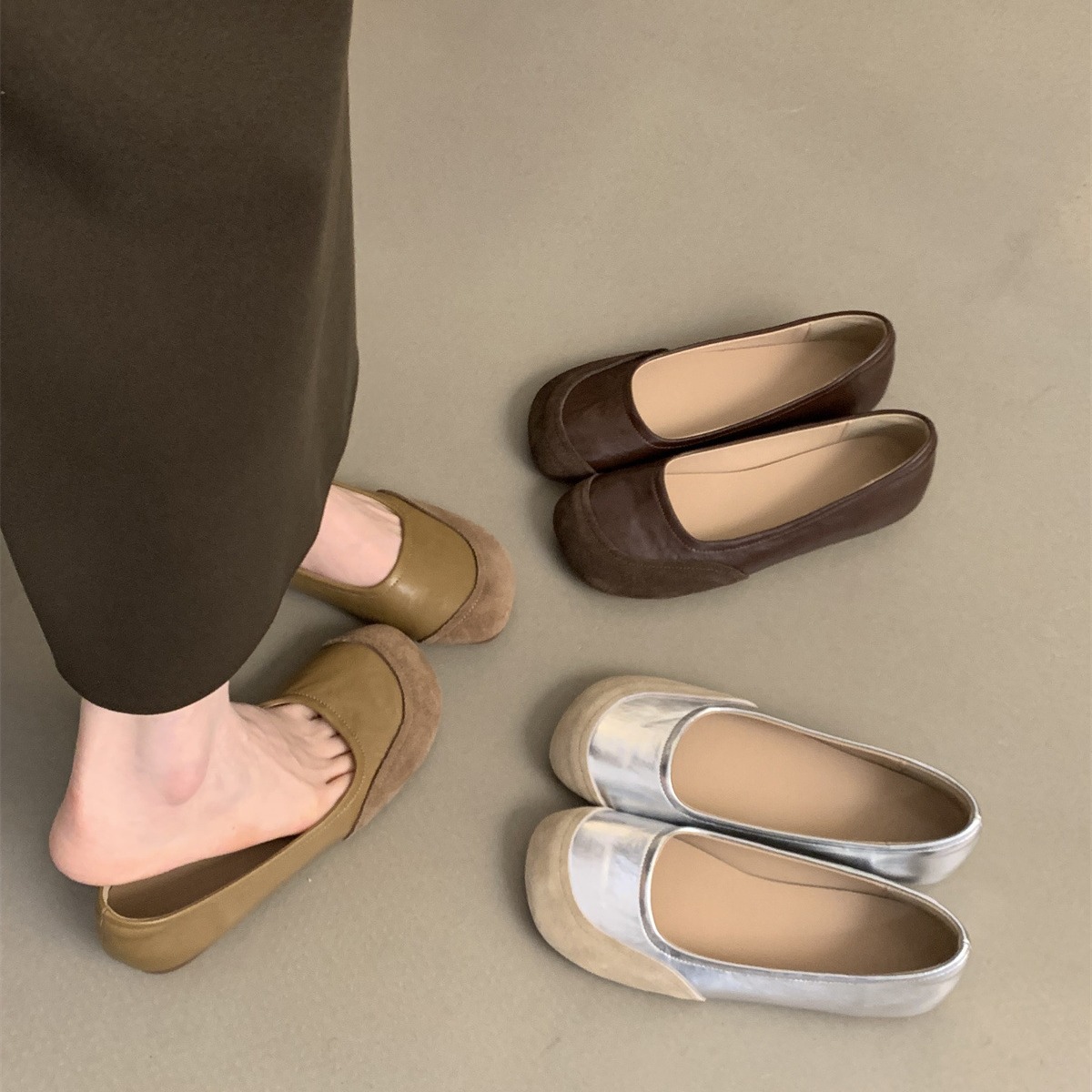 Retro Round toe shallow mouth single-layer shoes for women Spring and Autumn New Korean style French evening style flat slip-on casual peas shoes