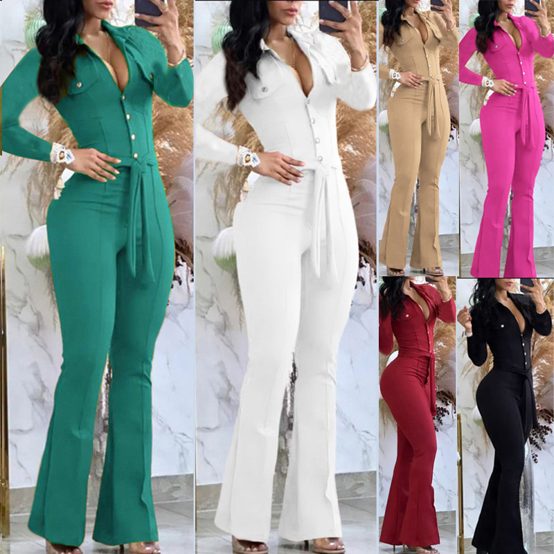 Picture of 2025 Cross-Border Foreign Trade Autumn and Winter Long-Sleeved Shirt Collar Mid-Waist Elegant Commuter Jumpsuit