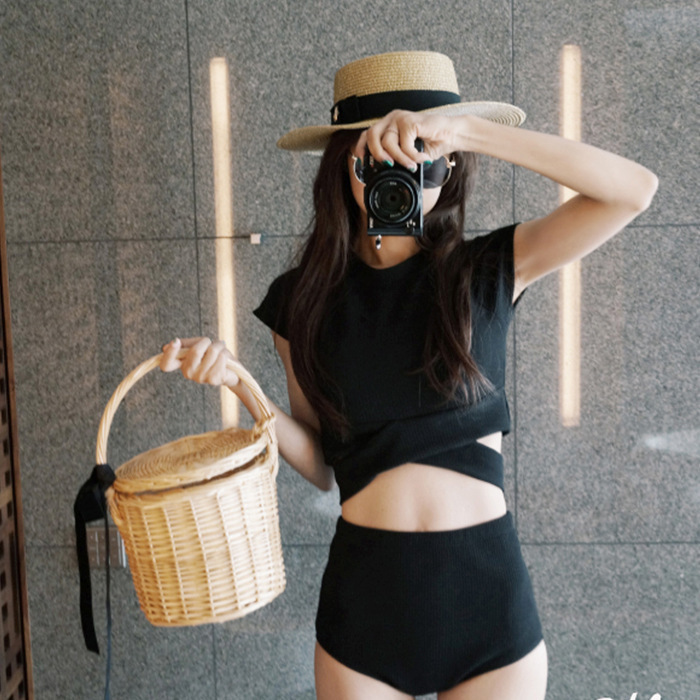 New Style Conservative Swimsuit Women's Two-Piece Set Short-Sleeved High Waist Boxers Split South Korea Hot Spring Style Fresh Swimsuit