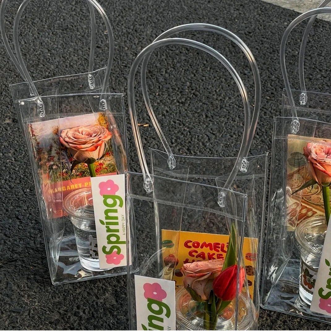 Night Market Cup Flower Stall Fresh Flowers Transparent Tote Bag Mother's Day Bouquet Packaging Bag Pvc Gift Bag Night Market Bestseller