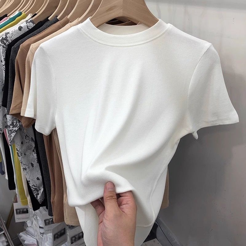 Solid Color Mask T-shirt Women's Short-sleeved 2024 Summer New French Style Slim-fit Slimming Design All-match Base Top